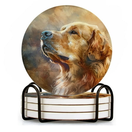 

BaHomeck Drink Coasters Set of 4 with Holder Golden Retriever looking up at the sky with hope Water Absorbent Ceramic Coasters Tabletop Protection Suitable for Various Cup Home Decor
