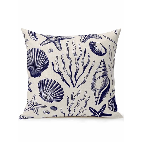 1 Pack Outdoor Throw Pillow, Navy Blue Coastal Waterproof Pillow with Insert Included, Summer Beach Ocean Coral Shell Rustic Decorative Accent Cushion Sofa Pillows for Patio Porch, 18 x 18 In