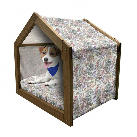 Floral Pet House, Hand Drawn Style Flowers Blossoms and Leaves Romantic Spring Fantasy Scroll, Outdoor & Indoor Portable Dog Kennel with Pillow and Cover, 5 Sizes, Multicolor, by Ambesonne