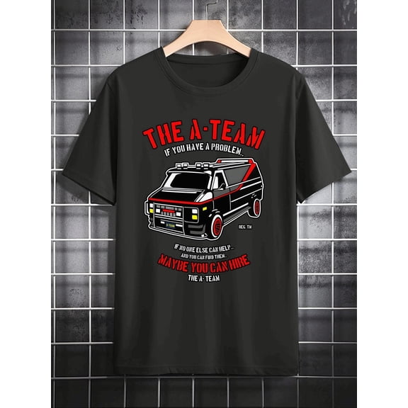 [Polyester T-Shirt] Summer Essential Men's Casual Crew Neck T-Shirt | Polyester, Machine Washable, Black, Red & White "THE A-TEAM" Graphic Print Design, Perfect Gift for Men