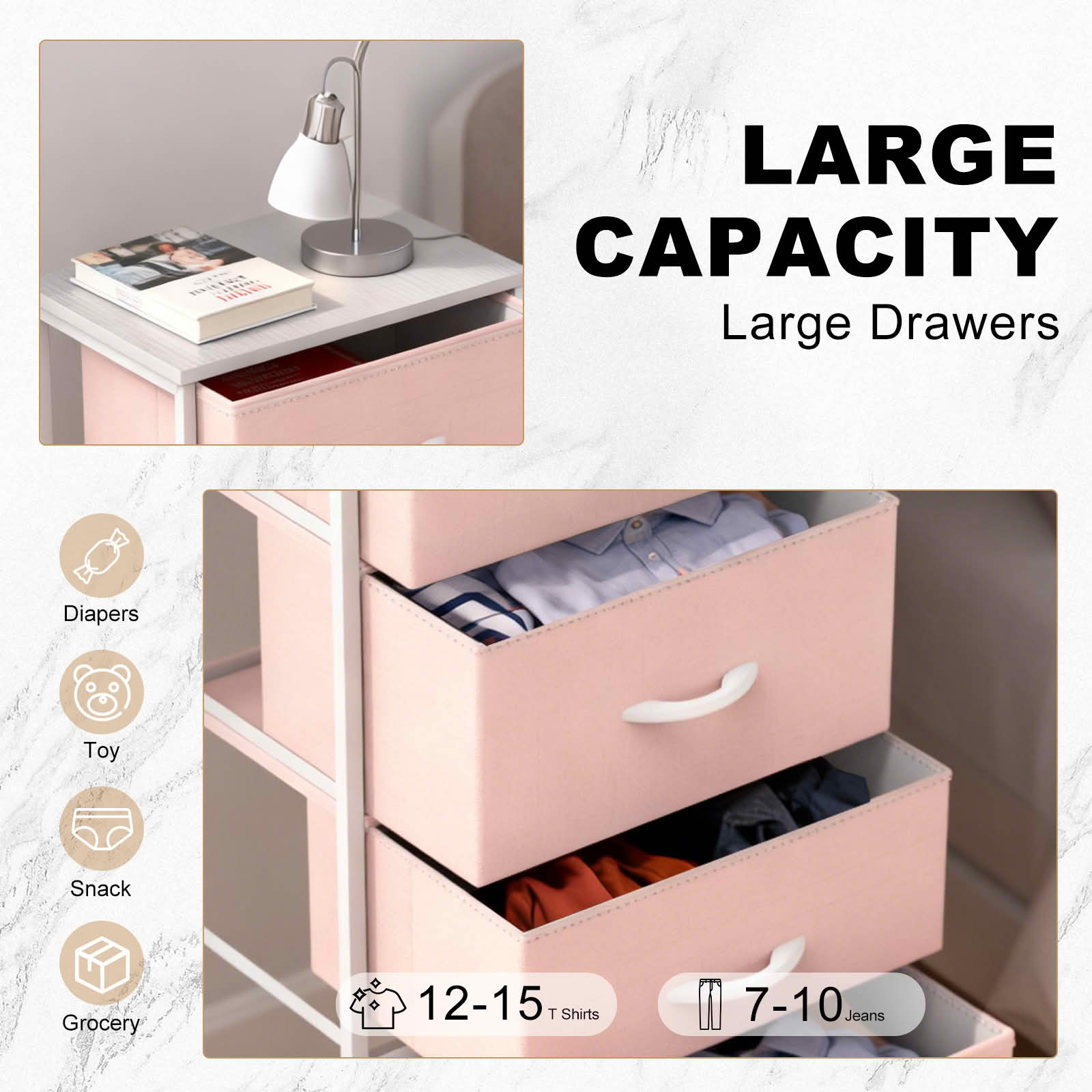 MAYEERTY Fabric Drawer Storage Cabinet with Wooden Top, Multifunctional Nightstand Dresser Sideboard Organizer for Bedroom Closet Hallway
