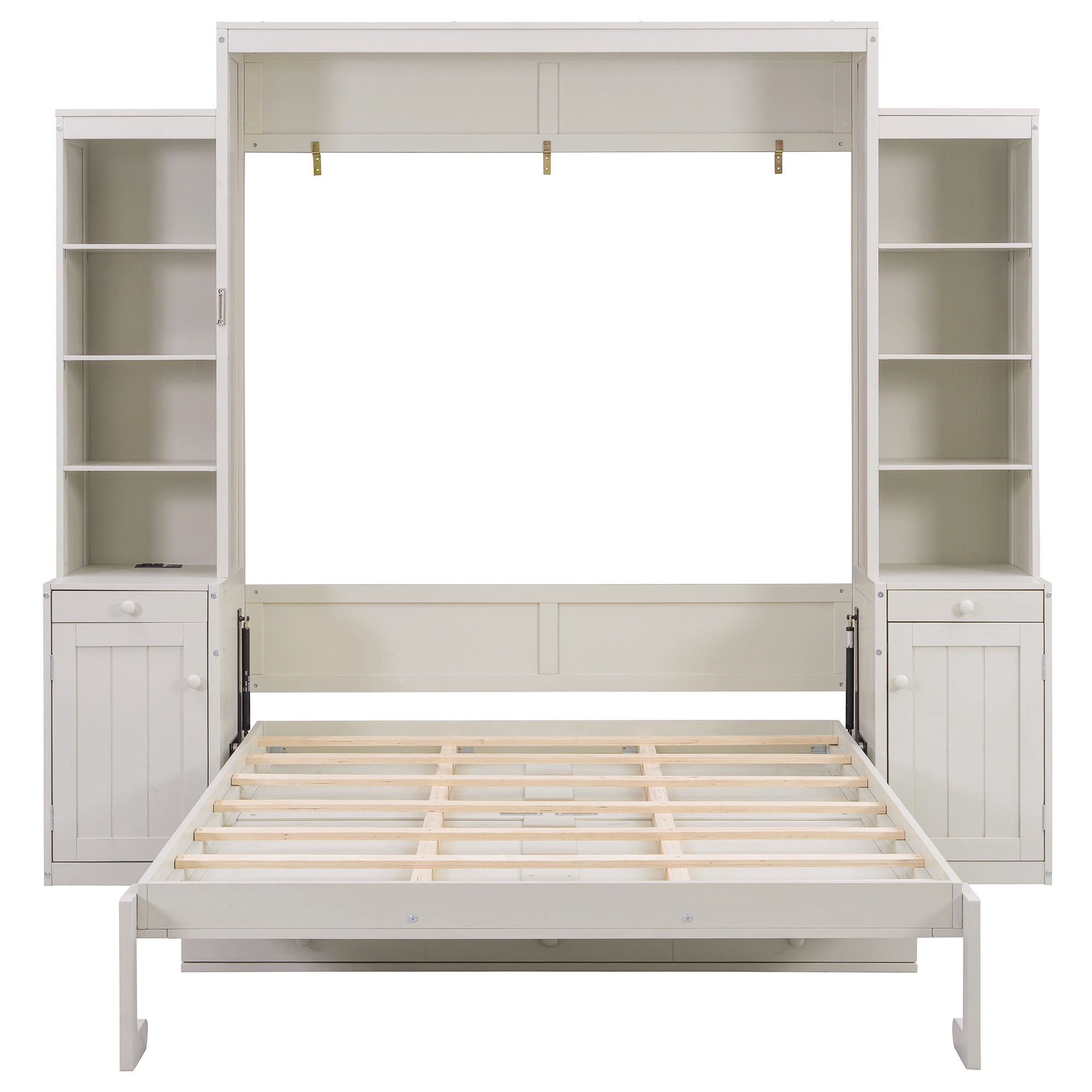 Mintazer Queen Murphy Bed with Desk, Charge Station, Drawers and Storage Shelves, Convertible Wood Wall Platform Bed with Cabinets for Bedroom, White