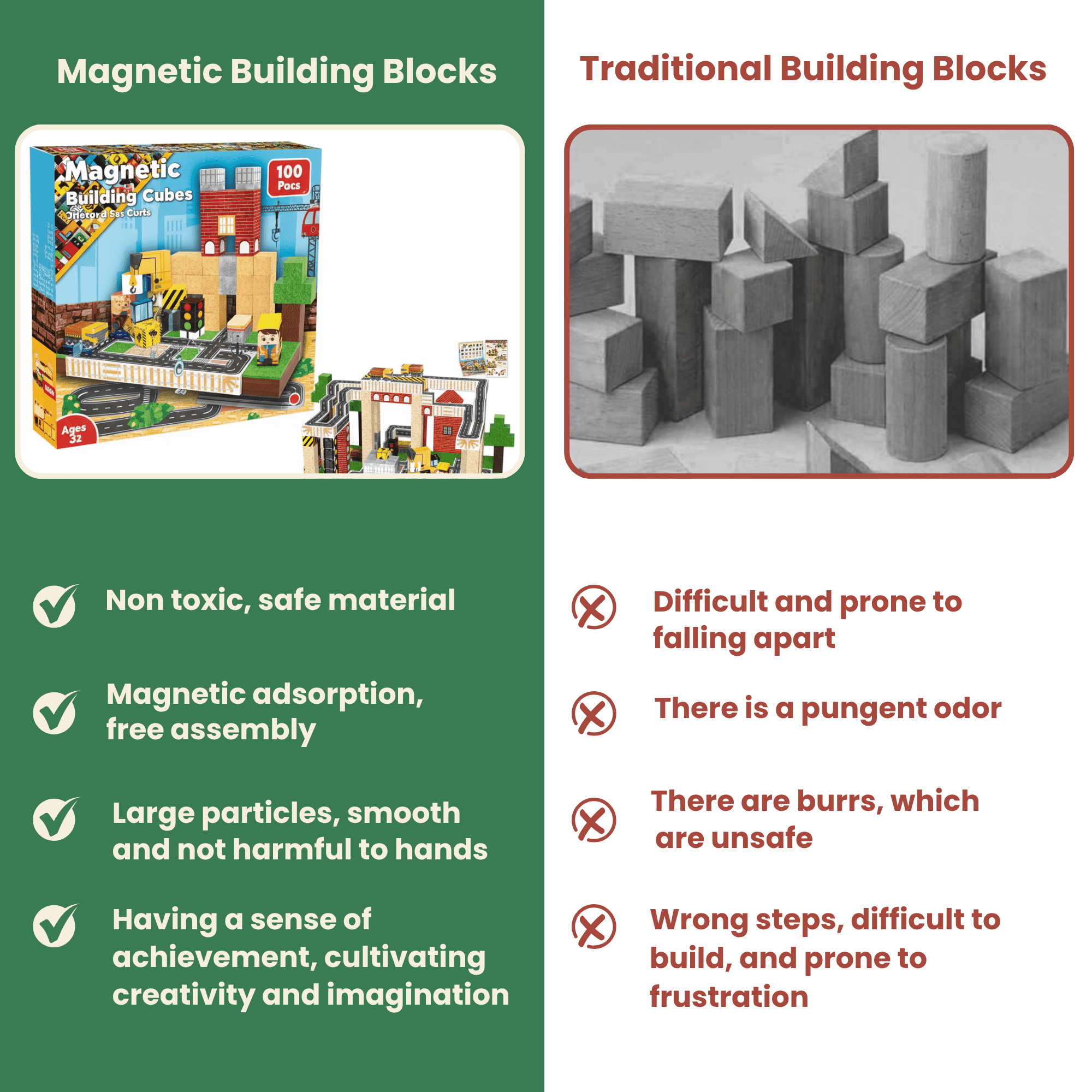 AURA PLAYY Magnetic Building Blocks for Kids: 100 PCS 3D Creative Construction Set | Strong Magnets, STEM Learning, Open-Ended Play, Fine Motor & Imagination Development, Safe Large Blocks Ages 3+