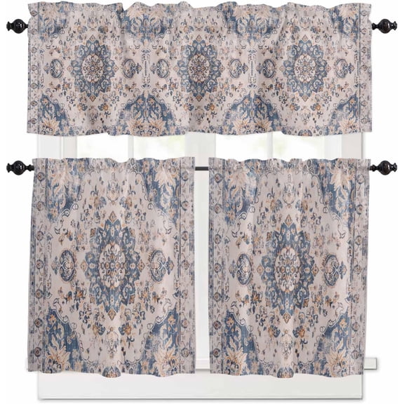 Boho Floral Kitchen Curtains and Valances Set, Rod Pocket Curtains Tier Farmhouse Window Curtains 24 Inch Length, Vintage Ethnic Mandala Abstract Geometric 3 Piece Kitchen Curtains Set