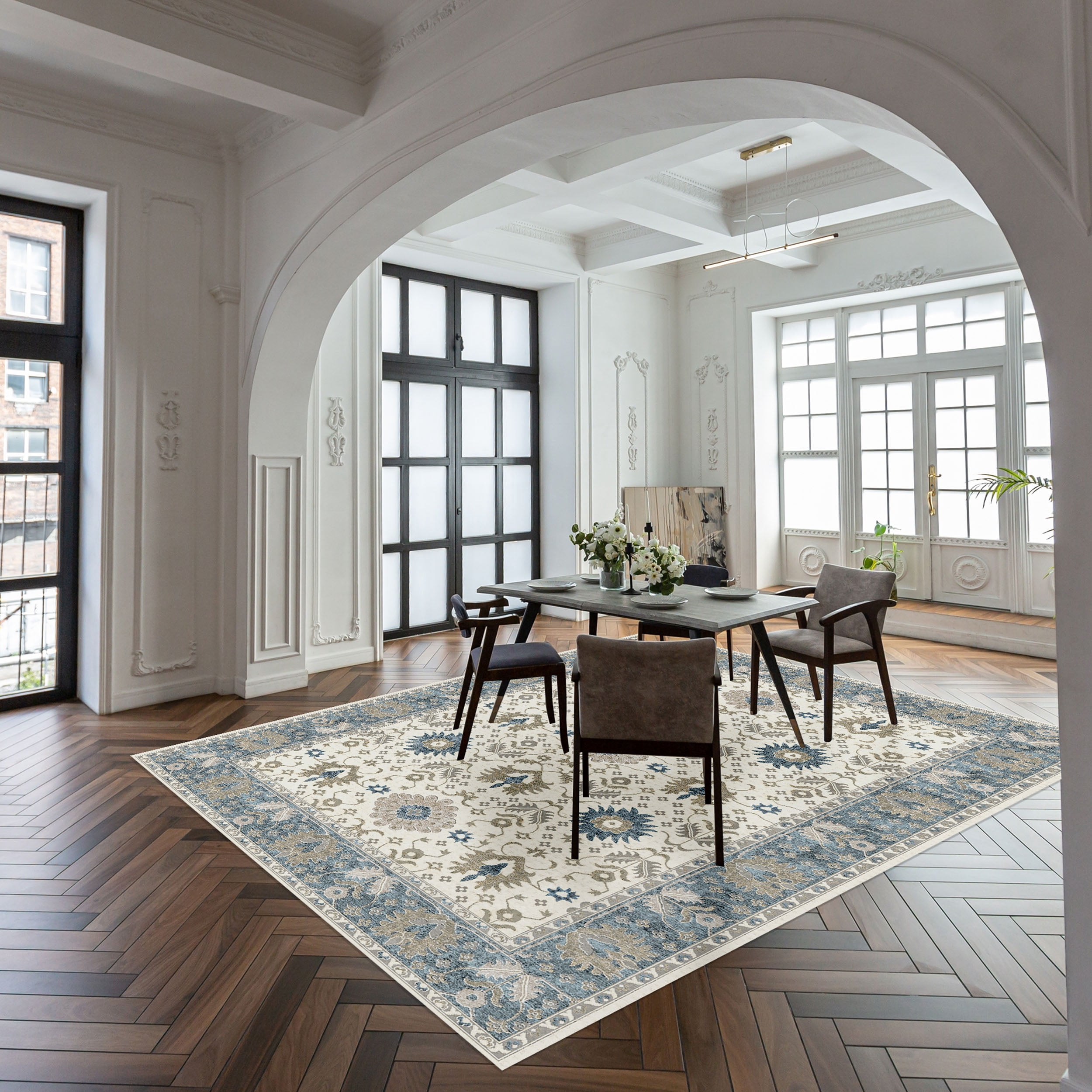 Tapis d’intérieur lavable Korhani Iris bleu, 6 pi x 8 pi, conçu pour toutes les étapes de la vie