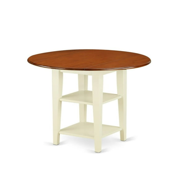 East West Furniture Sudbury Wood Dining Table with 2 Shelves in Cream/Cherry