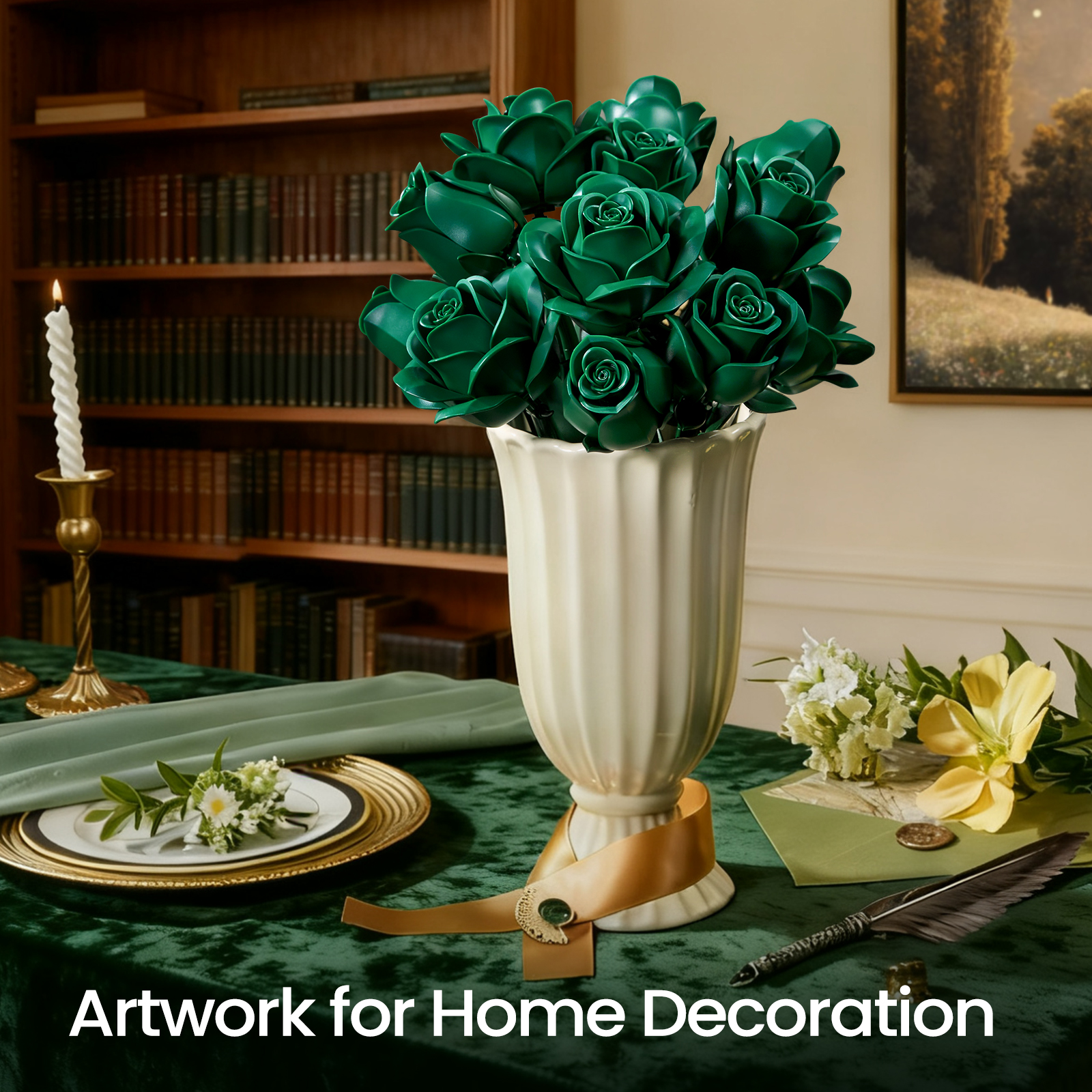 Green Rose Bouquet Building Set, Green Flowers for Adults Women, Botanical Collection Gift for Christmas & Valentines - Artificial Plant Gothic Home Decor