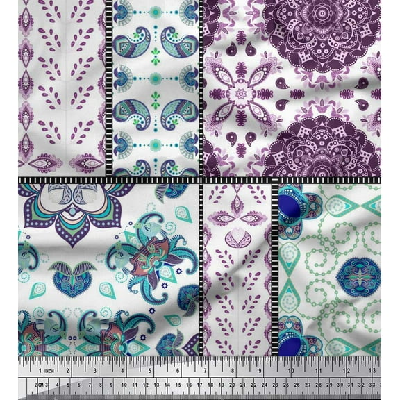 Soimoi Crepe Silk Fabric Mandala & Paisley Patchwork Print Fabric by The Yard 42 Inch Wide
