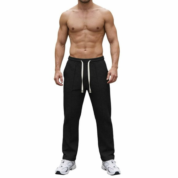 FRSASU Mens Stylish Waffle Pants Casual Sports Adjustable Drawstring Perfect Outdoor Pants Black