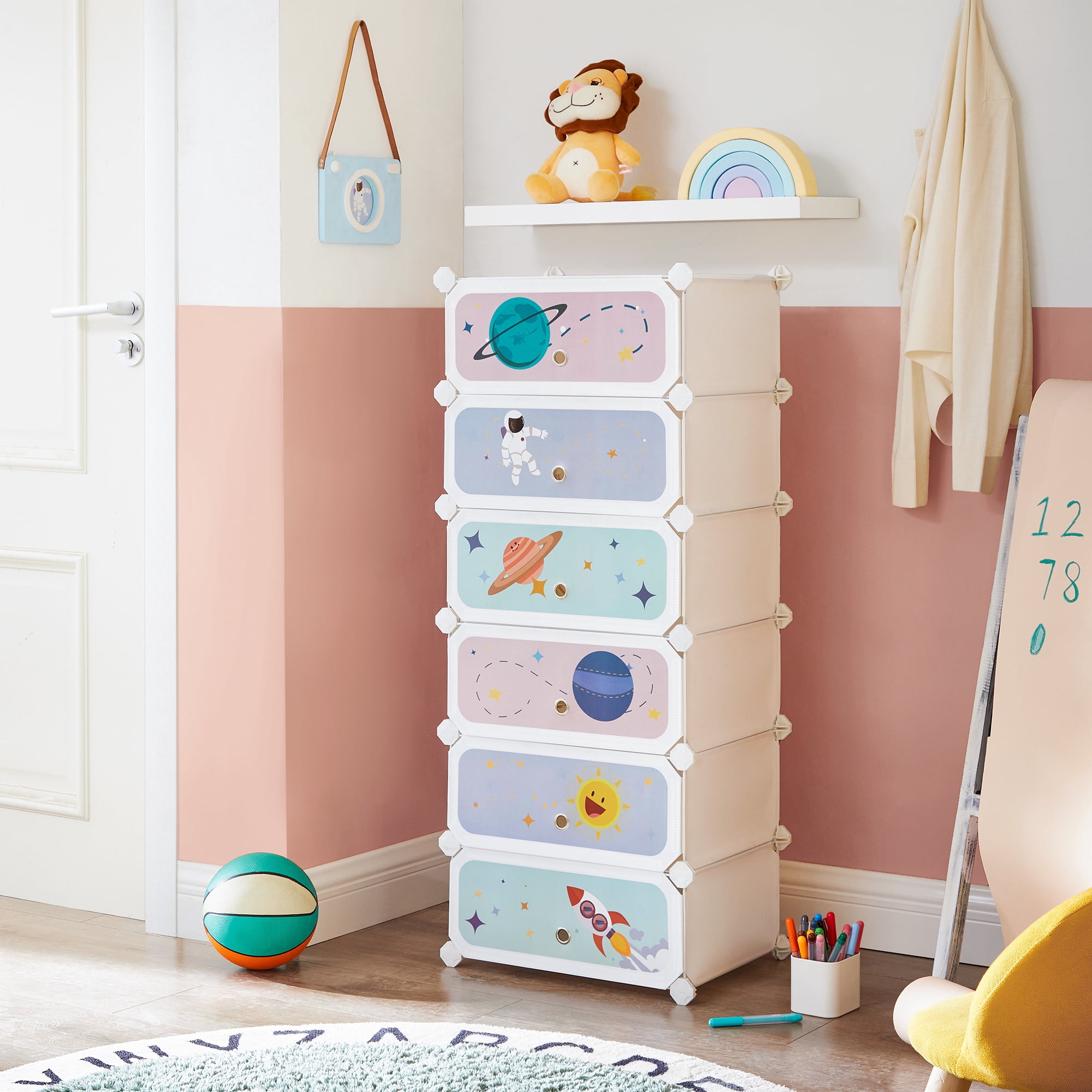 SONGMICS Kids' Shoe Rack with Doors, 6-Slot Stackable Storage Organizer, Plastic Wardrobe, Toys, Books, Clothes, 12.2 x 16.9 x 41.3 Inches, Cloud White