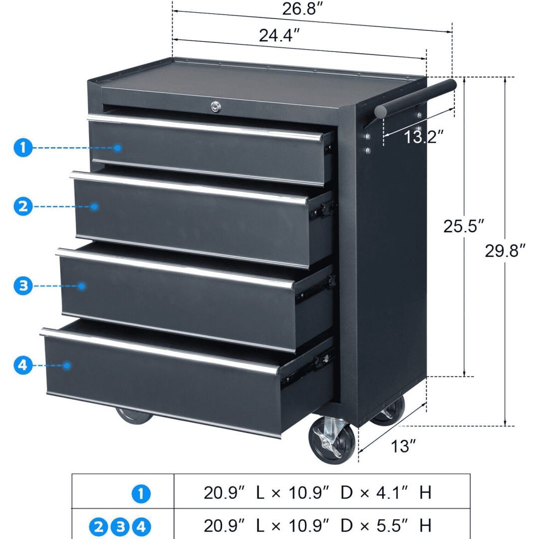 Tcbosik 4-Drawer Tool Chest with Wheels & Lock, Rolling Tool Box, Metal Storage Cabinet for Garage, Warehouse & Repair Shop, Black
