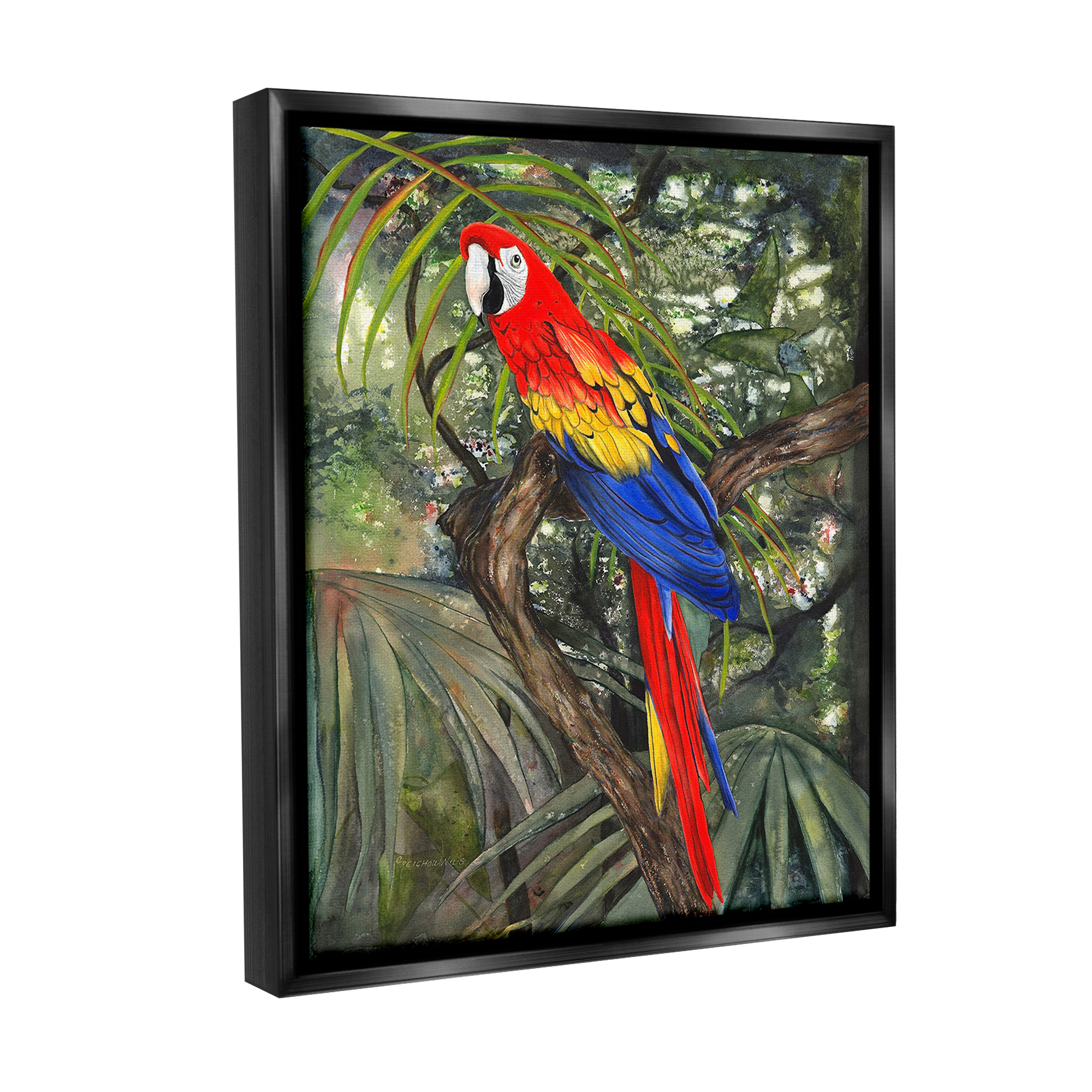 Stupell Industries Parrot Among Branches Animals & Insects Painting Black Floater Framed Canvas Art Print Wall Art, 25 x 31