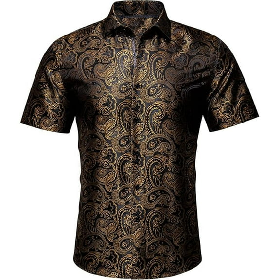 Hpapadks Mens Shirts Summer Short Sleeve Button Down Full Print Lapel Blouses Beach Loose Fit Men Dress Shirt Brown L