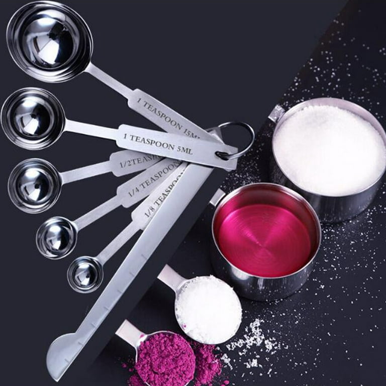 2 Set Stainless Steel Measuring Cups and Measuring Spoon Cooking Measure Spoon Cup Seasoning Spoons Coffee Tea Kitchen Accessory Silver (6pcs/set