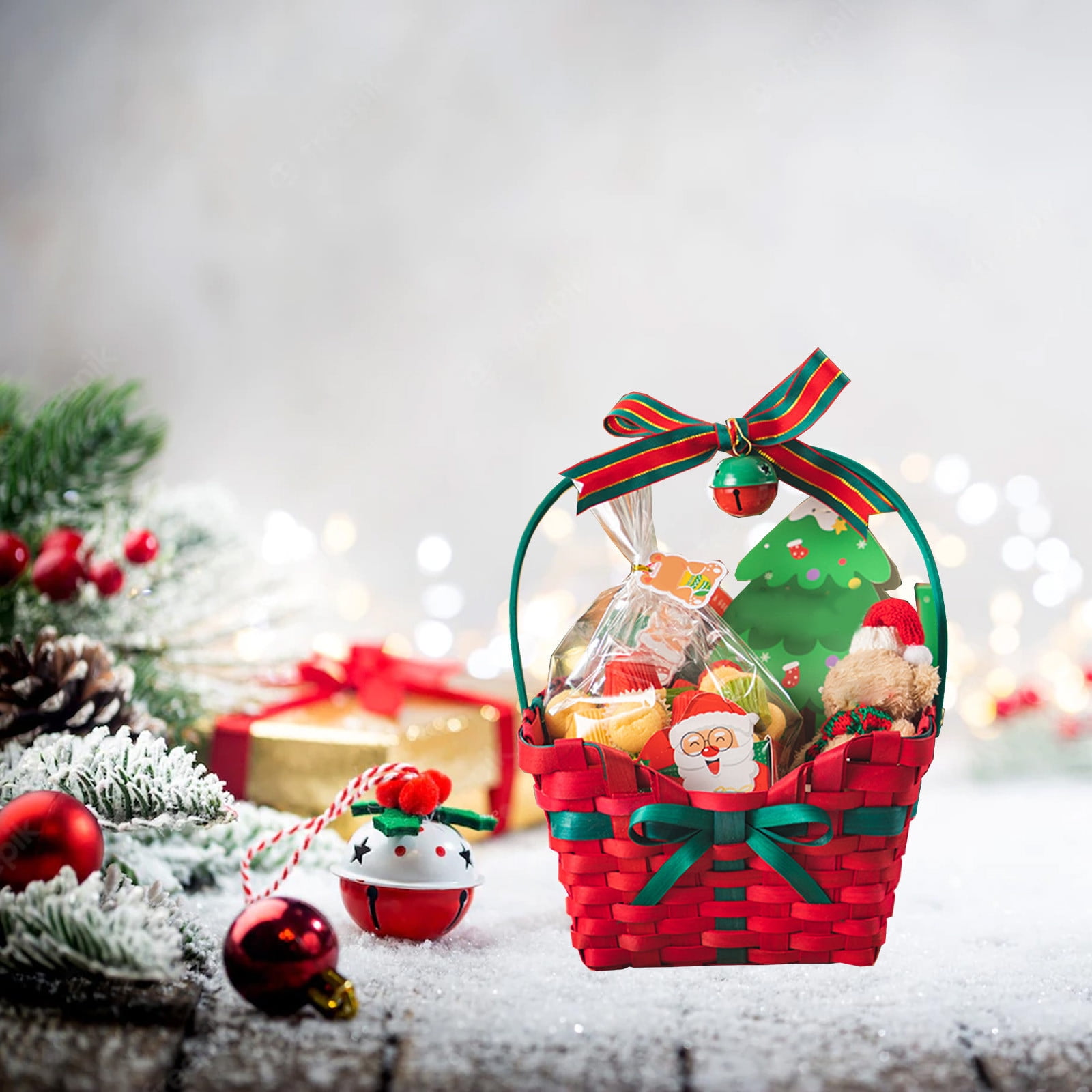 Christmas Basketeers Chocolate Gift Basket Snack Gifts Basket, Exquisite Hand-Woven Basket with Bow Ribbon and Bells, for Home Christmas Decorations Gift