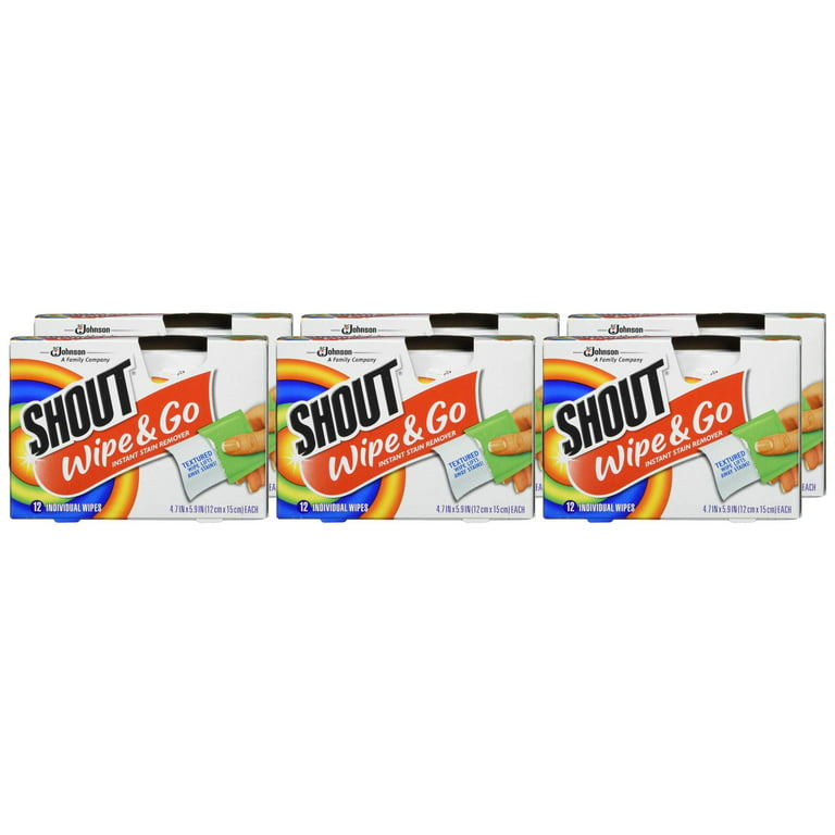 Shout Wipe and Go Instant Stain Remover, for On-The-Go Laundry Stains, 12 Count - Pack of 6 (72 Total Wipes)