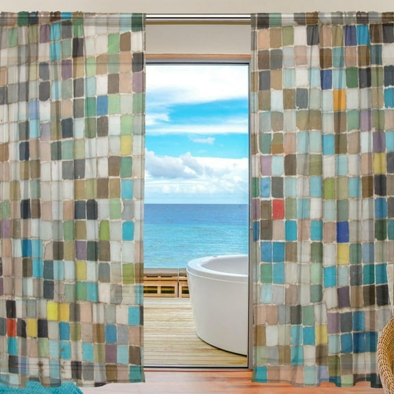 Splicing Pattern Mosaic Tile Pattern Semi Sheer Curtains Window Voile Drapes Panels Treatment-55X84in for Living Room Bedroom Kids Room