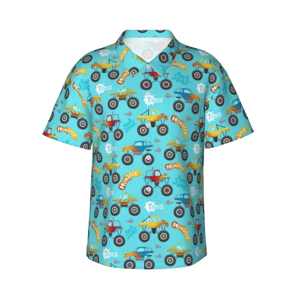 Xecao Cartoon Monster Truck print Hawaiian shirt - a stylish short-sleeve button-down for men, perfect for casual beach and tropical outings.