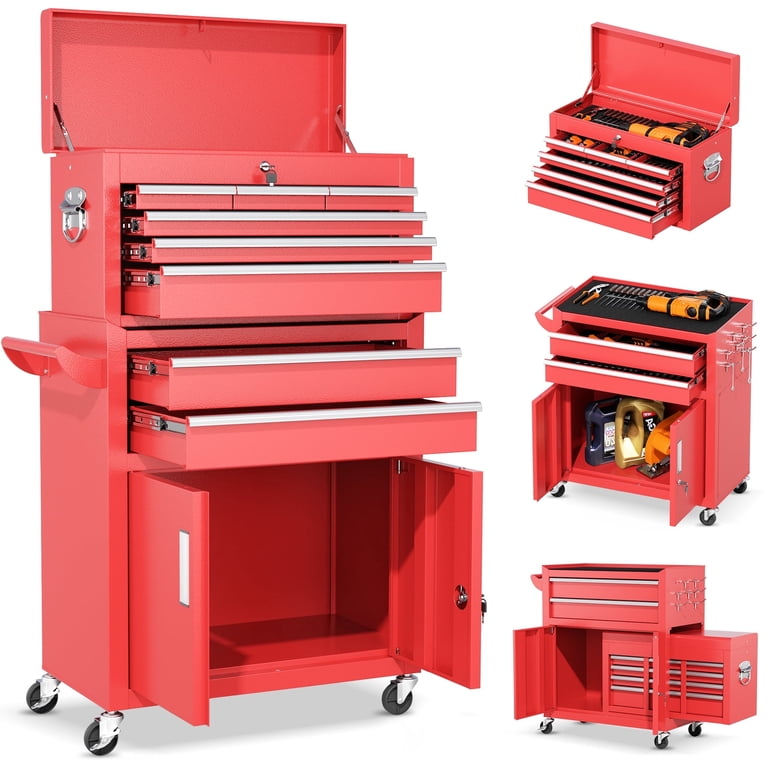 Big Red Stackable Rolling Tool Box Portable Metal Toolbox Organizer Separate Rolling Upright Trolley