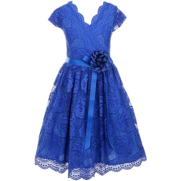 Big Girl Cap Sleeve V Neck Flower Border Stretch Lace Corsage Belt Flower Girl Dress (20JK66S) Royal 14