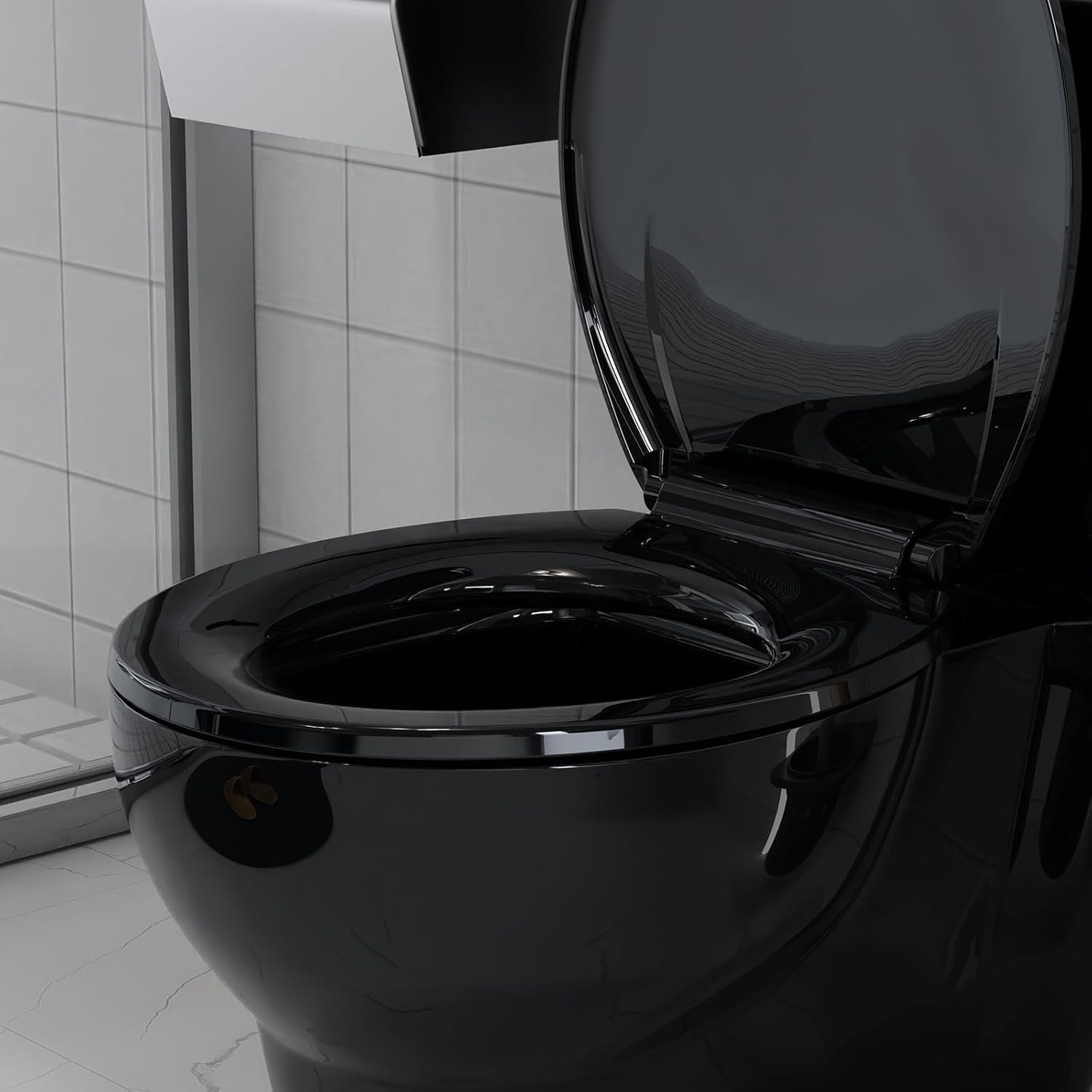 Hetoy 17-Inch Round Toilet Seat, Slow-Close Toilet Seat, Easy to Clean and Stain Resistant, Plastic Toilet Seat with Lid, Quick-Release Hinges and Quick-Connect Hardware, Black