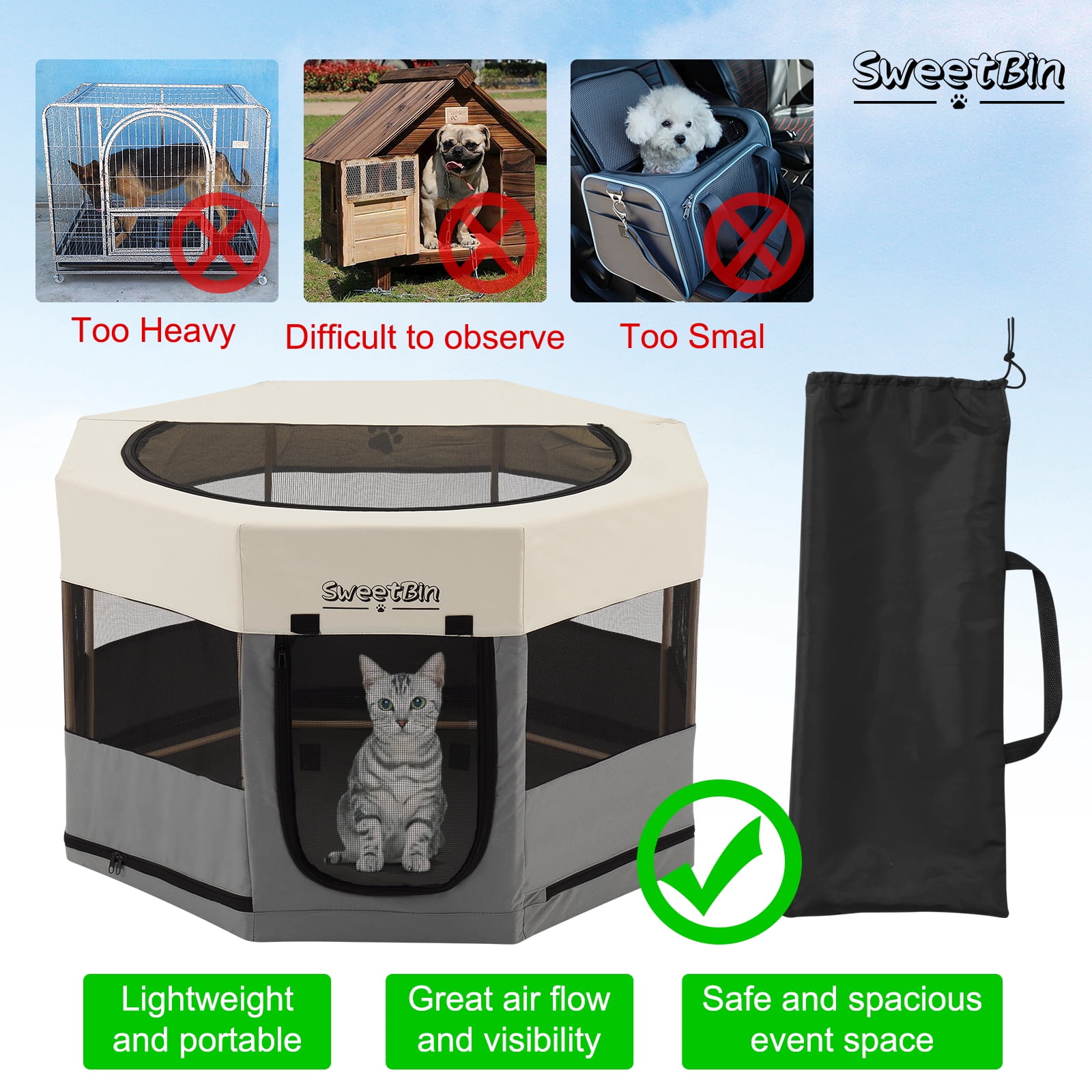 Medium Wood Frame Dog Playpen for Medium Dogs,Cat Playpen with Waterproof Bottom,Travel Pet Play Pen with Side Door for Puppies (36" x 36" x 23", Light Beige)