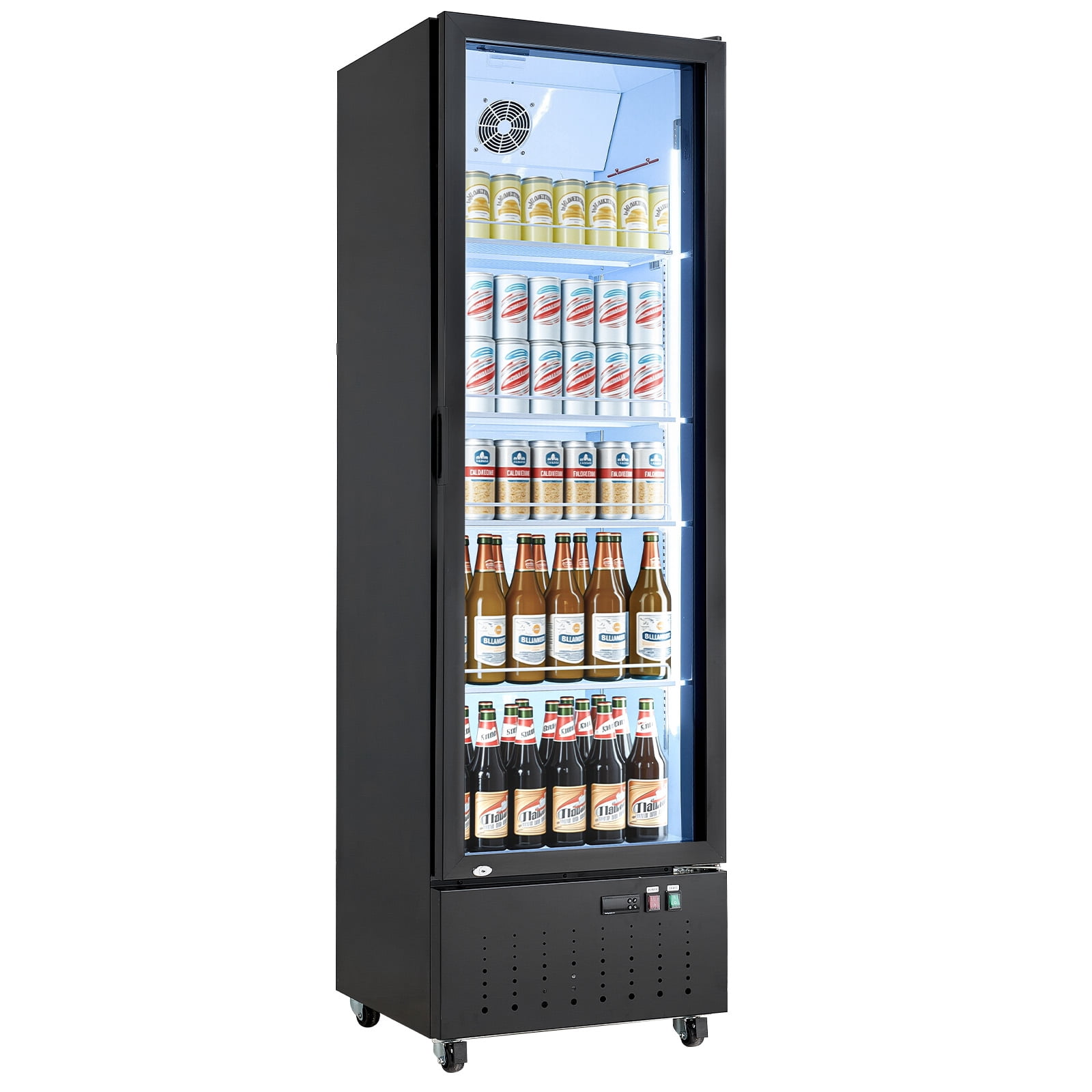 KFFKFF Commercial Glass Door Refrigerator, 12.7 Cu.Ft / 360 L Upright Beverage Cooler with Adjustable Shelves, LED Lighting, and Casters for Home, Shop, or Bar Use