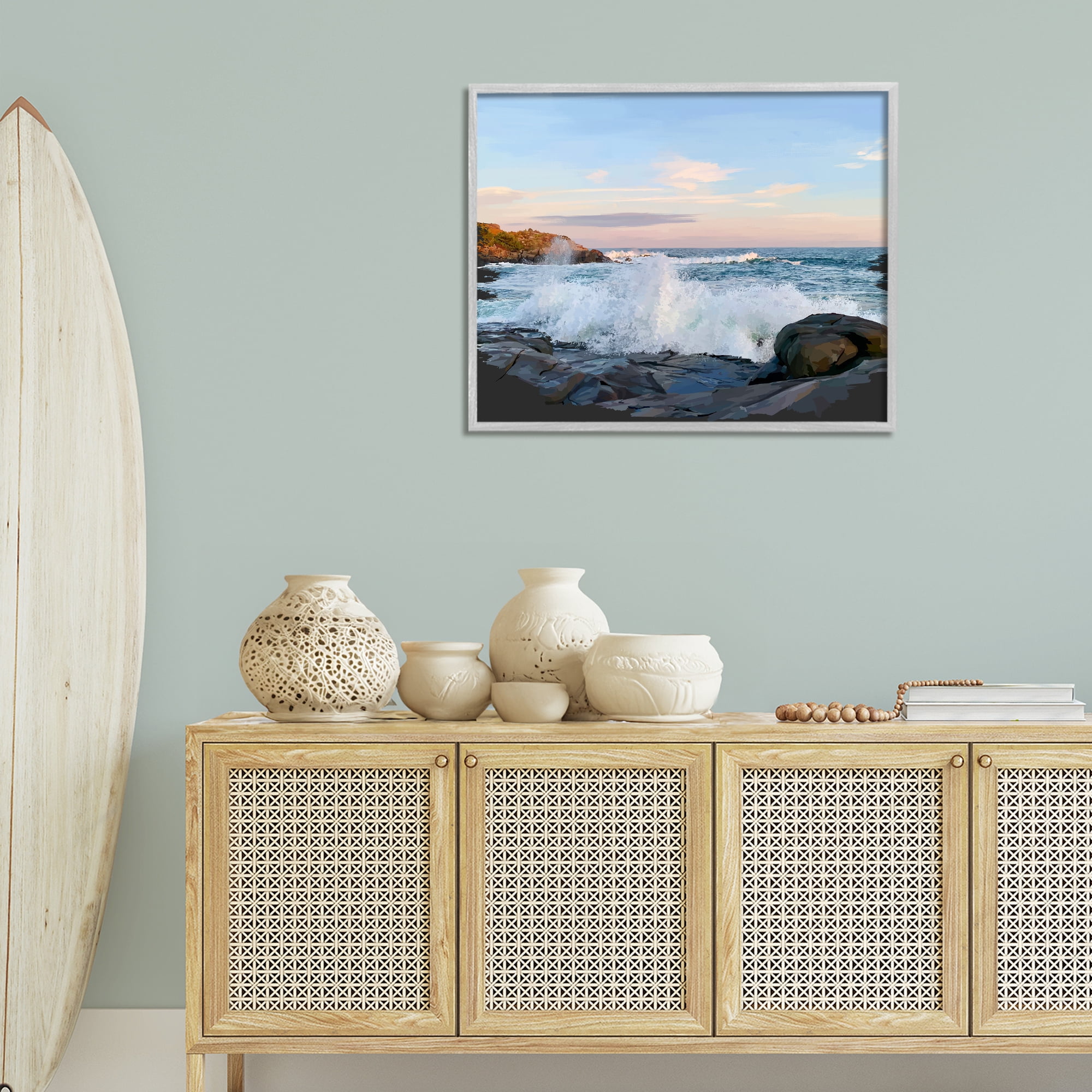 Stupell Industries Strong Breaking Waves Landscape Photography Gray Framed Art Print Wall Art, 30 x 24