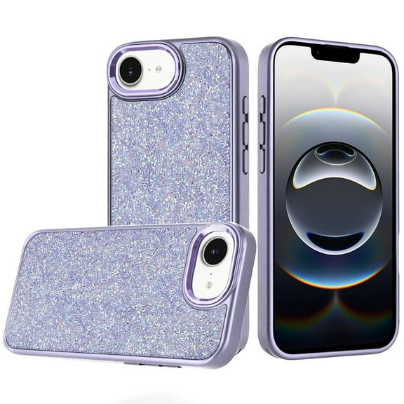 For iPhone 17E / 16E / SE4 Crystal Glass Diamond with Metallic Buttons and Edges Hybrid Case - Dark Purple