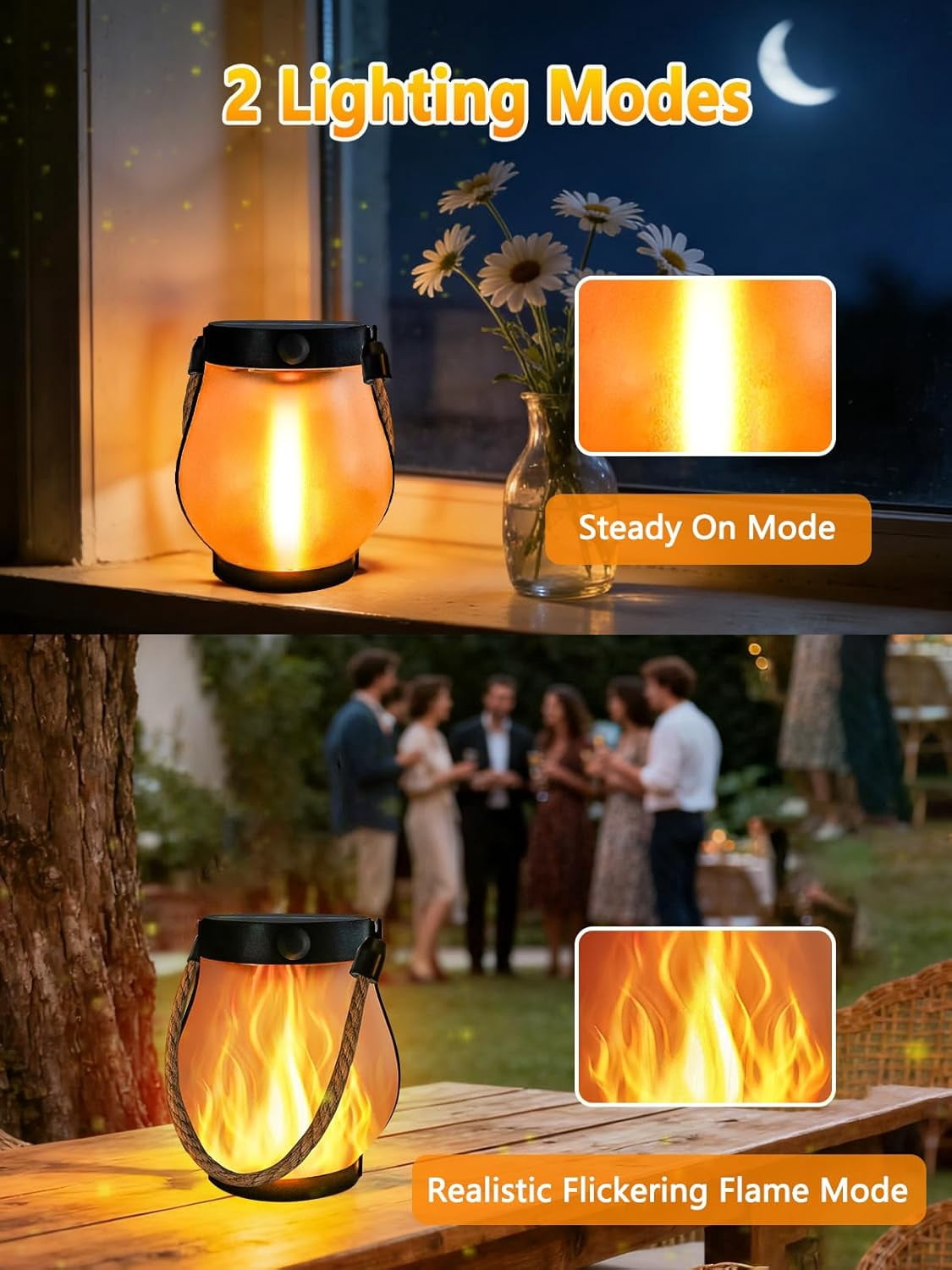 4 Pack Gen2 Solar Lanterns Outdoor Waterproof, Solar Lantern with Dancing Flame, 2 Lighting Modes, Dual Charging USB & Solar, Solar Outdoor Lights with Rope Handle for Camp Garden Tree Tabletop Decor
