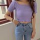 thumbnail image 2 of Camiseta de punto Mujer Camiseta de manga corta con cuello cuadrado Camiseta ajustada de color sólido, Morado tholdsy AP001600-02B, 2 of 7