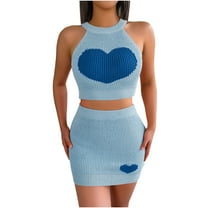 REORIAFEE Vacation Outfits for Women Summer Outfit Women's Sexy Casual Love Top Wrap Hip Skirt Set Blue S