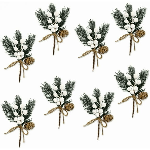 8Pcs Christmas Berries Red Stems Evergreen Pine Branch, Christmas Picks Spray Artificial Pine Cones Holly Stem Craft Winter Holiday Floral Picks for Decor DIY Xmas Garland Wreath Ornament , 8inch