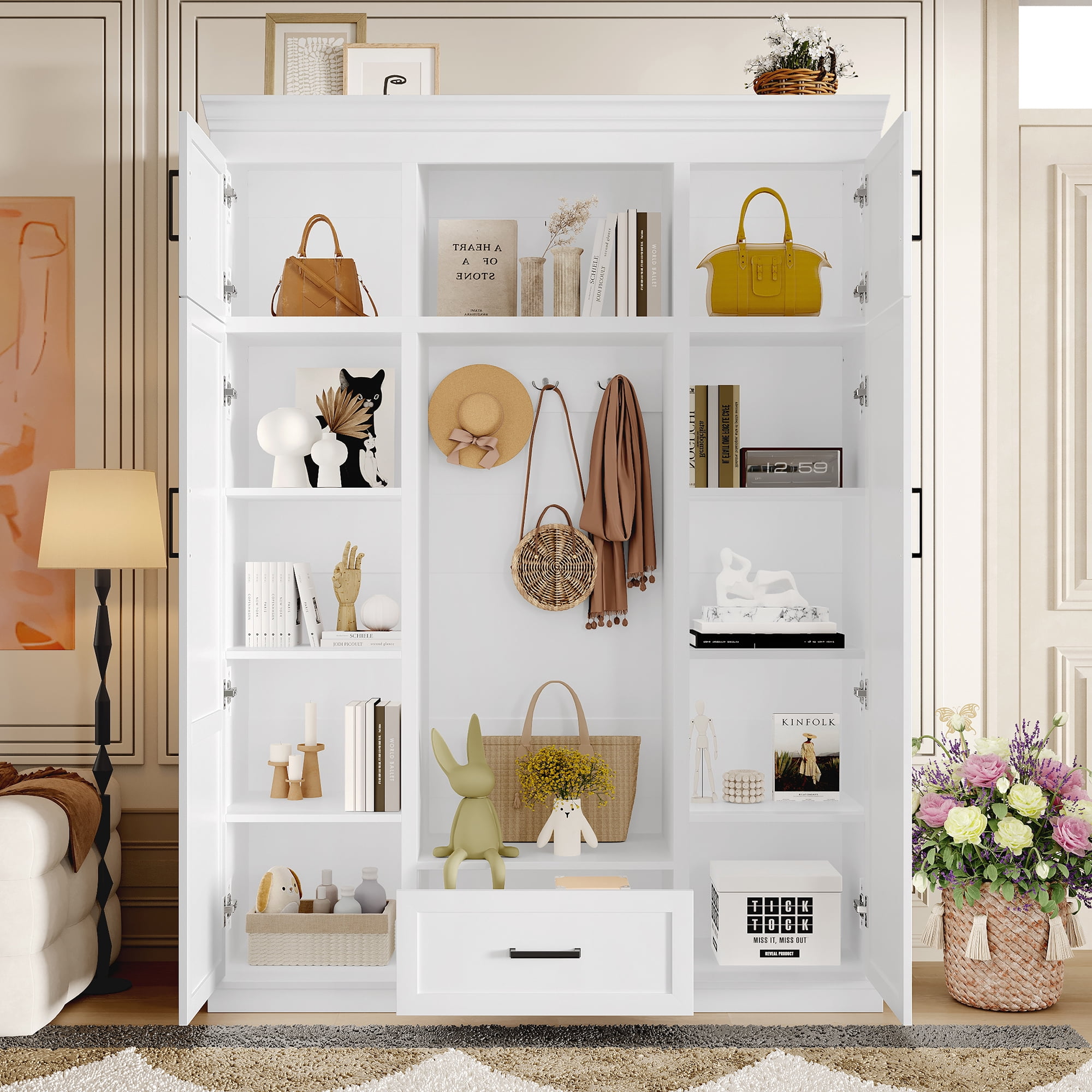 Euroco Modern Large Hall Tree with Hooks, Cabinets, Adjustable Shelves, and Seating Bench
