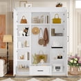 thumbnail image 4 of WRXLUXE 85.2''H Hall Tree w Shoe Bench and 3 Hooks, Modern Entryway Armoire Wardrobe Closet w 4 Doors 1 Drawer and Adjustable Shelves, Clothes Storage Cabinet for Hallway, Entryway, 4 of 16