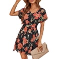 thumbnail image 1 of Seyurigaoka Women’s Summer Casual Short Sleeve Dress Boho Flower Print Button V-neck High Waist Chiffon Dress, 1 of 8