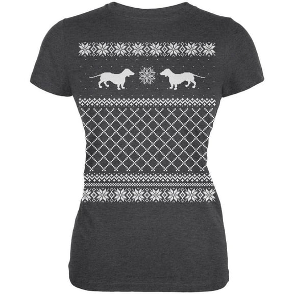 Dachshund Ugly Christmas Sweater Dark Heather Juniors Soft T-Shirt
