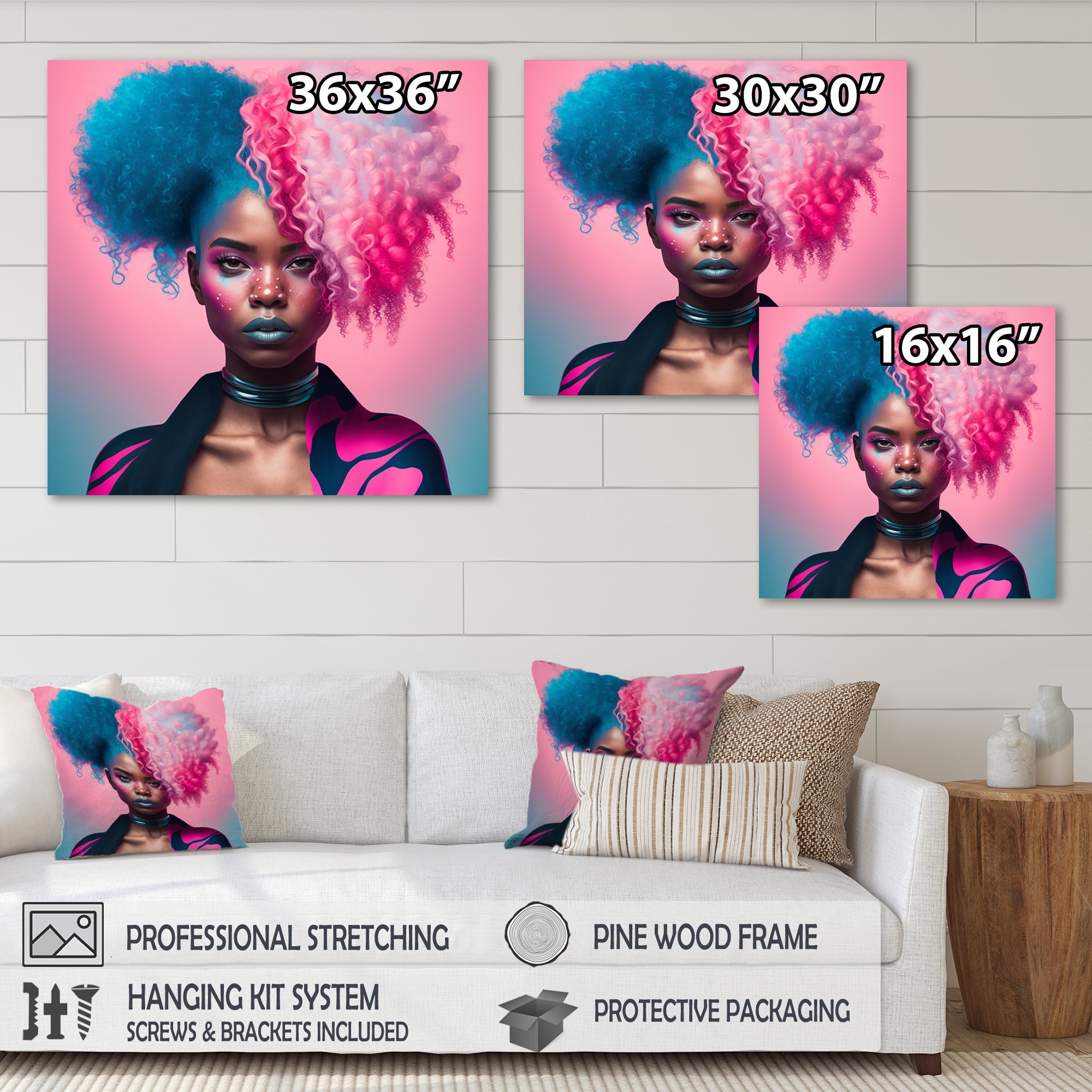 Designart Pink And Blue African American Woman VII Canvas Wall Art