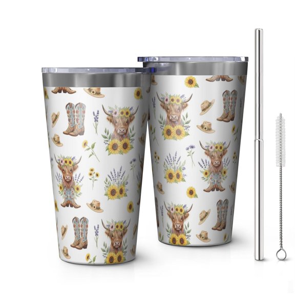16oz Tumblers Highland Cow Sunflower Hat Boot Pattern Stainless Steel Vacuum Insulated Double Wall Travel Tumbler Cups Mug with Lid and Straw,Cleaning Brush for Coffee,Tea