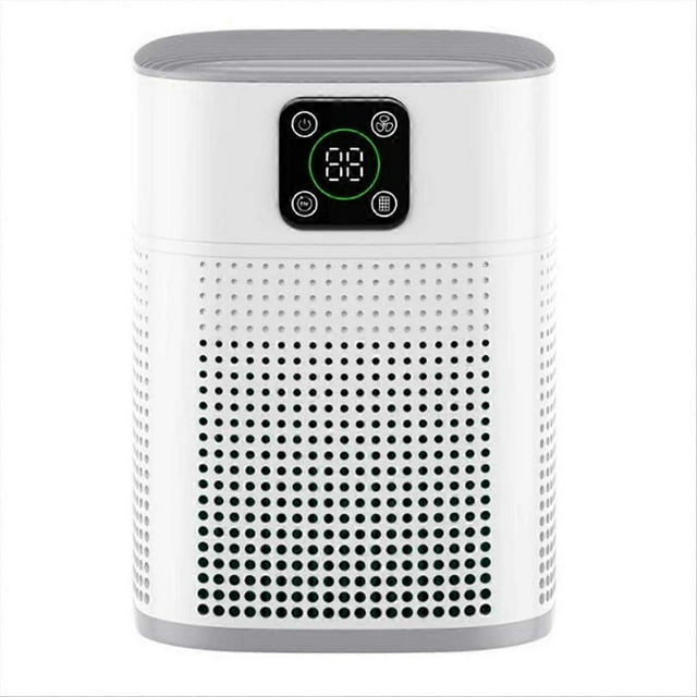 air purifiers for bedroom, air purifiers with 360° air intake Blanco sdfe12 — Vista frontal de purificador de aire blanco en ABS con cuerpo perforado para entrada de aire 360°, rejilla superior y panel táctil LCD negro con display numérico y cuatro iconos; renueva el aire de hasta 600 sqft (≈56 m²) en 30 minutos según especificaciones, 3 velocidades, 9 temporizadores y modo sueño; a menudo usado junto a la cama en recámaras.