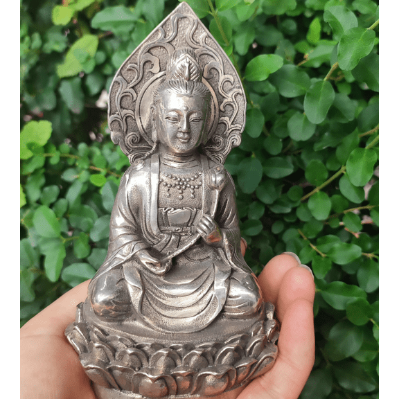 Vintage White Copper Bench Guanyin Bodhisattva statue of Avalokitesvara Seated ornaments Guan Yin Bodhisattva Goddess of Compassion fs369