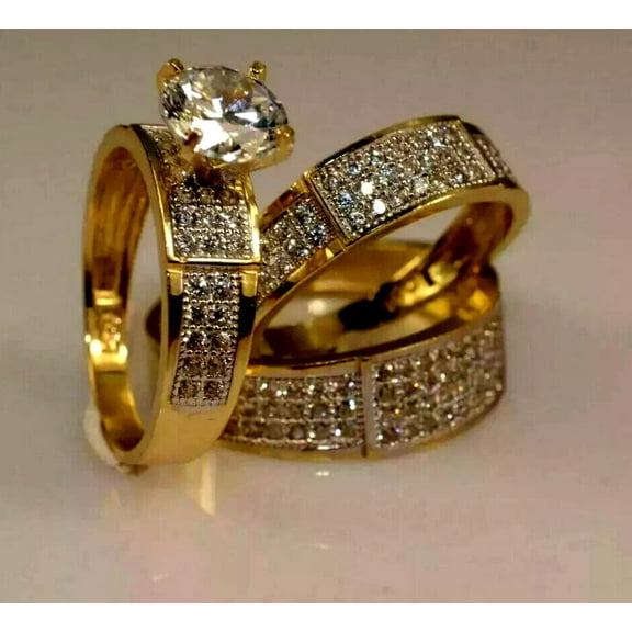 His & Her Couple Trio Ring Set in 14k Yellow Gold Plated 2.84ct Round Cut Diamond -6