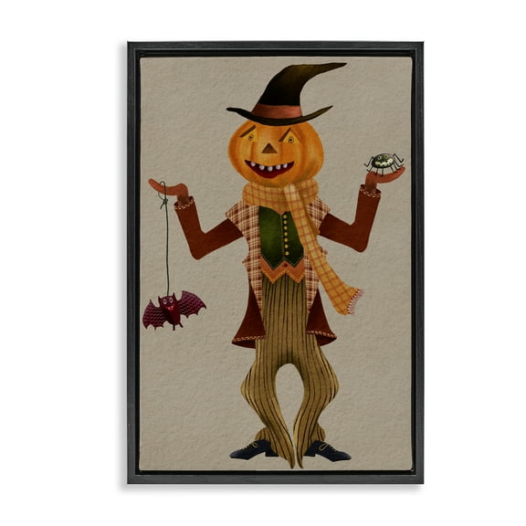 Stupell Industries Halloween Scarecrow & Bat Holiday Painting Black Floater Framed Art Print Wall Art, 17 x 25