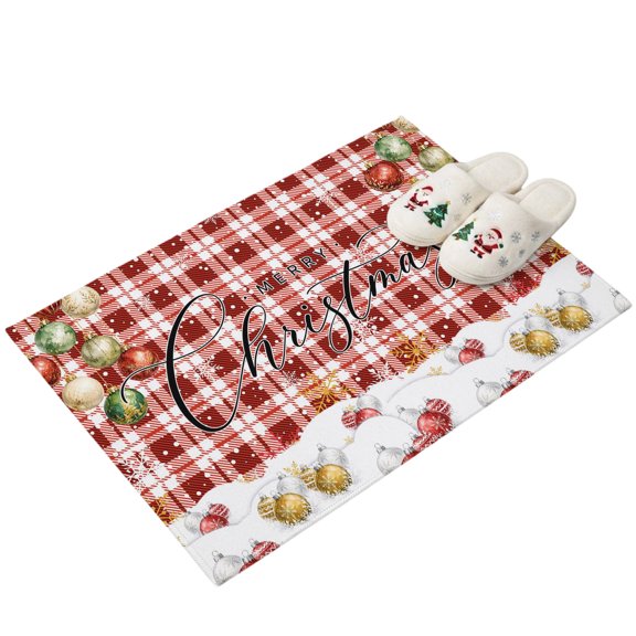 Merry Christmas Washable Area Rug 2 x 3 ft Winter Baubles Snowflakes Red Buffalo Plaid Backdrop Soft Non‑Slip Rugs Stain Repellent Indoor Mats for Front Door, Narrow Hallway, Kitchen Doorway, Bedside