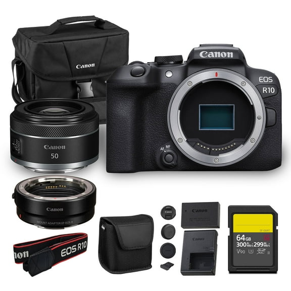 Canon EOS R10 Mirrorless Camera 24.2MP APS-C Sensor 4K Video Dual Pixel AF Compact Lightweight Vlogging Travel Camera (5331C002)   Canon RF 50mm f/1.8 STM Lens   Adapter EF-EOS R   64GB Card   Bag