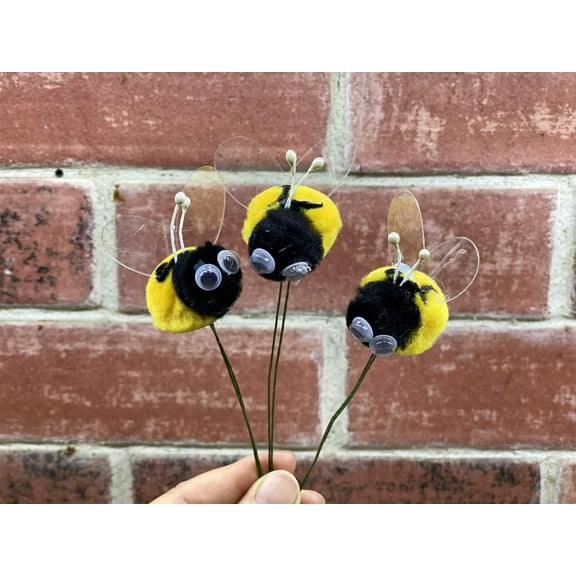 Pompom Bumble Bees Black&yellow W/googly Eyes Craft Spring Easter Floral Picks 6/pkg