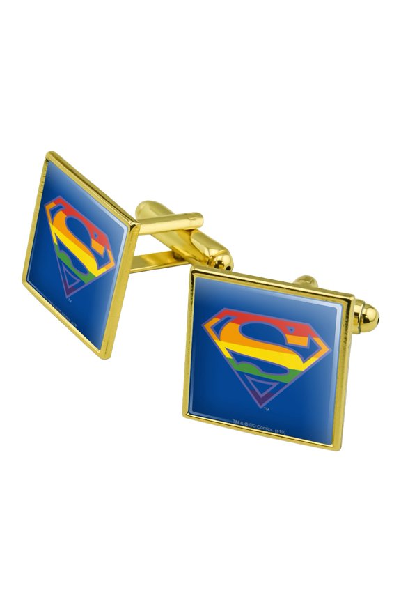 Superman Rainbow Shield Logo Square Cufflink Set - Silver or Gold