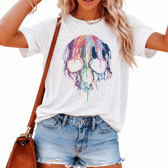 KimSoong Women Halloween Skeleton Graphic T-Shirts Crew Neck Short Sleeve Tees Tops