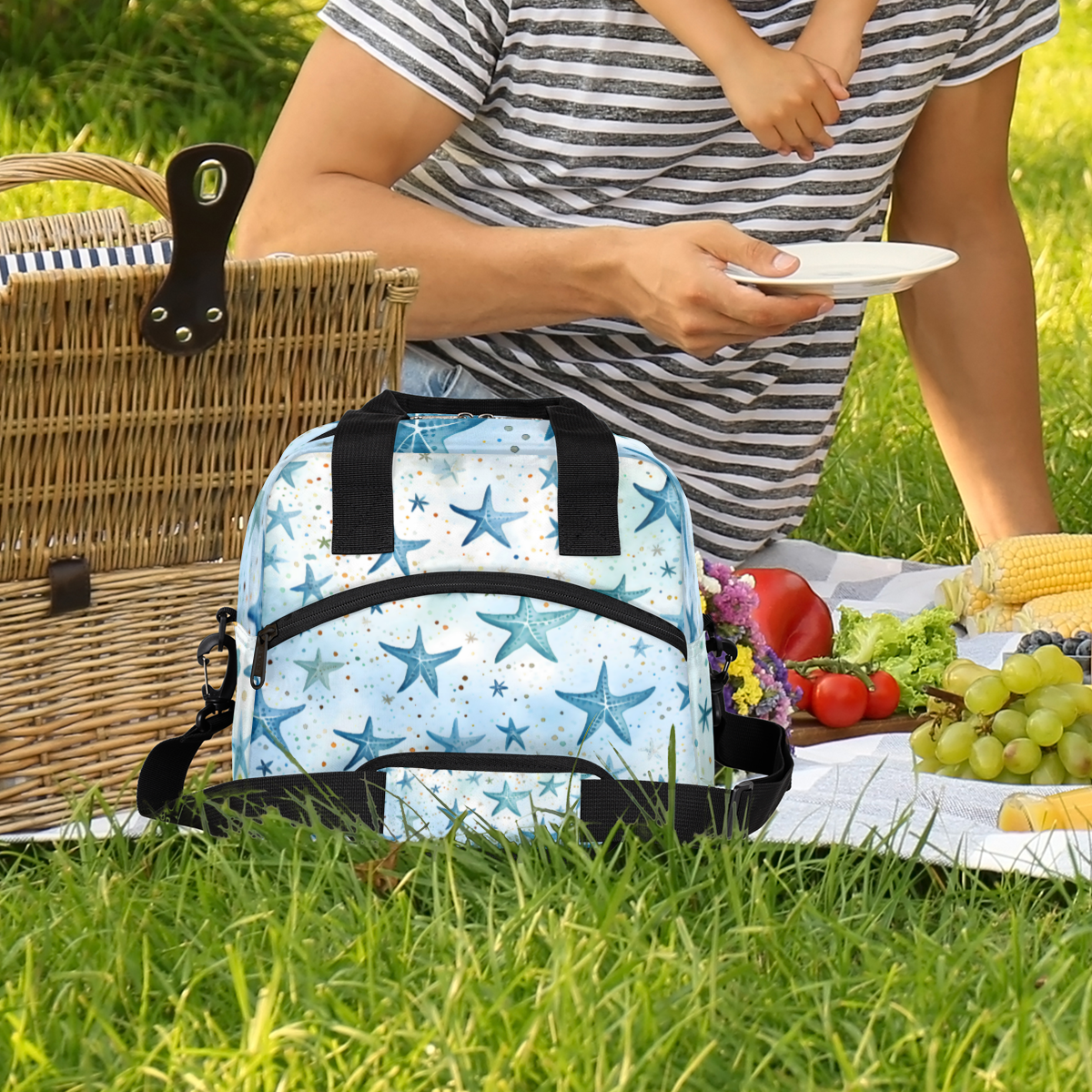 Herdesigns Blue Starfish Insulated Lunch Bag for Women Men Adults Large Reusable Lunch Box Leakproof Portable Cooler Tote Bags with Adjustable Shoulder Strap