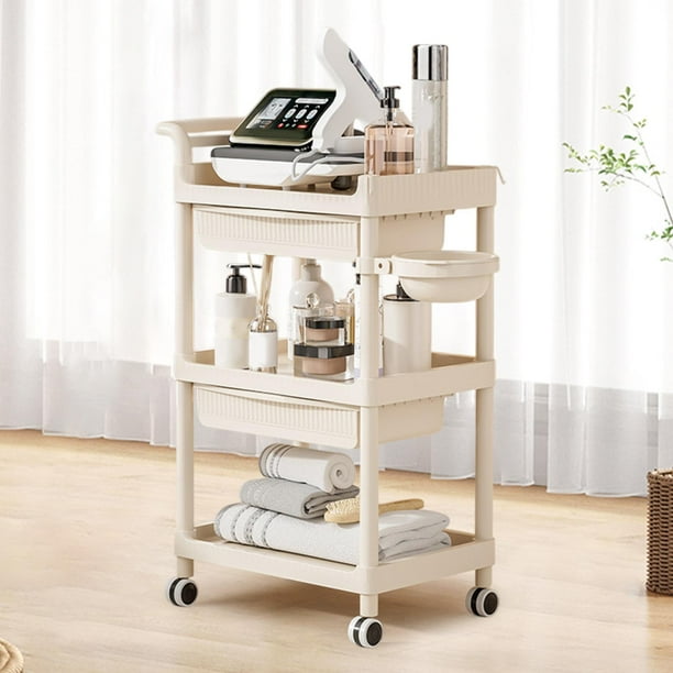Organizador de almacenamiento con ruedas de 3 niveles, carrito con ruedas, soporte para artículos de tocador, práctico estante móvil de almacenamiento 2 cajones